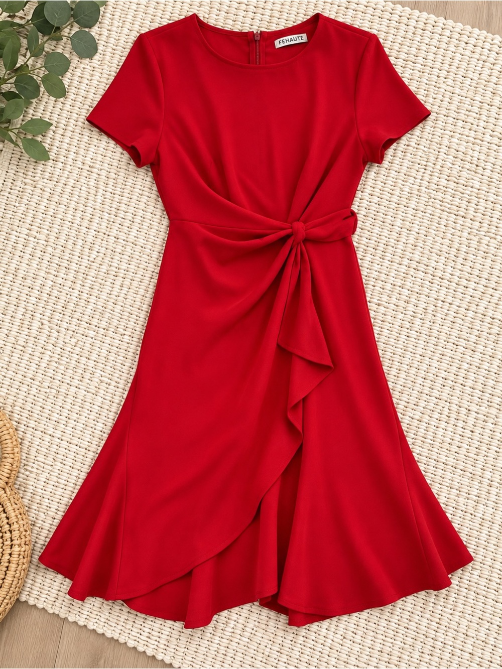 FEHAUTE Dress Womens XS Red Tie-Front Midi Fit & Flare Short Sleeve Back Zip